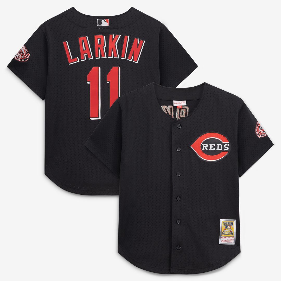Cincinnati Reds Barry Larkin Mitchell & Ness Cooperstown Mesh Batting Practice Button - Up Jersey - Black Team Jersey Sports Fan Apparel