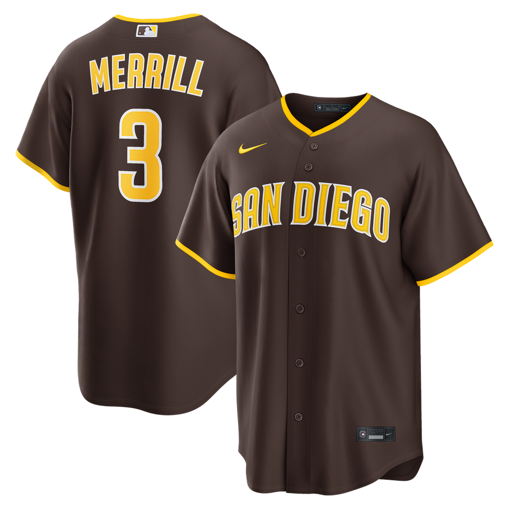 San Diego Padres Jackson Merrill Nike Road Replica Jersey - Brown Team Jersey Sports Fan Apparel